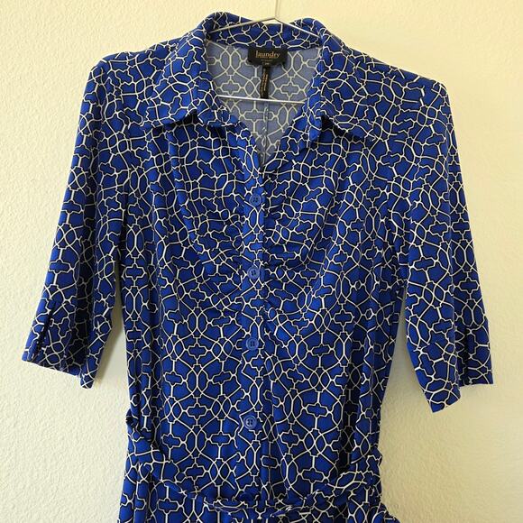 Laundry by Shelli Segal Blue Geometric Shirt Dress Belted Women Size 10 Classic - Picture 2 of 13